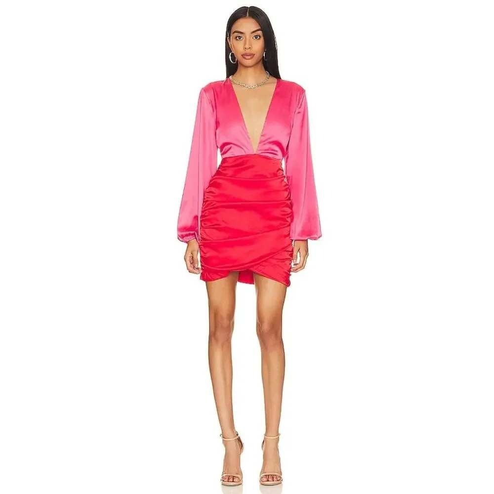 superdown Revolve Cheyanne Satin Deep V Plunge Colorblock Mini Dress Pink Red S